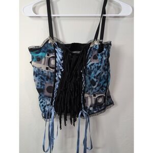 Alberto Makali Vintage Mesh Fringe Bustier Corset Lace Up Top Milano 90s Y2K L